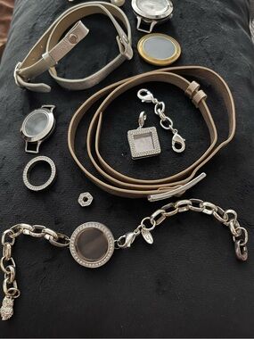 Origami Owl Silver-Tone Charm Bracelet with Taupe Wrap Straps